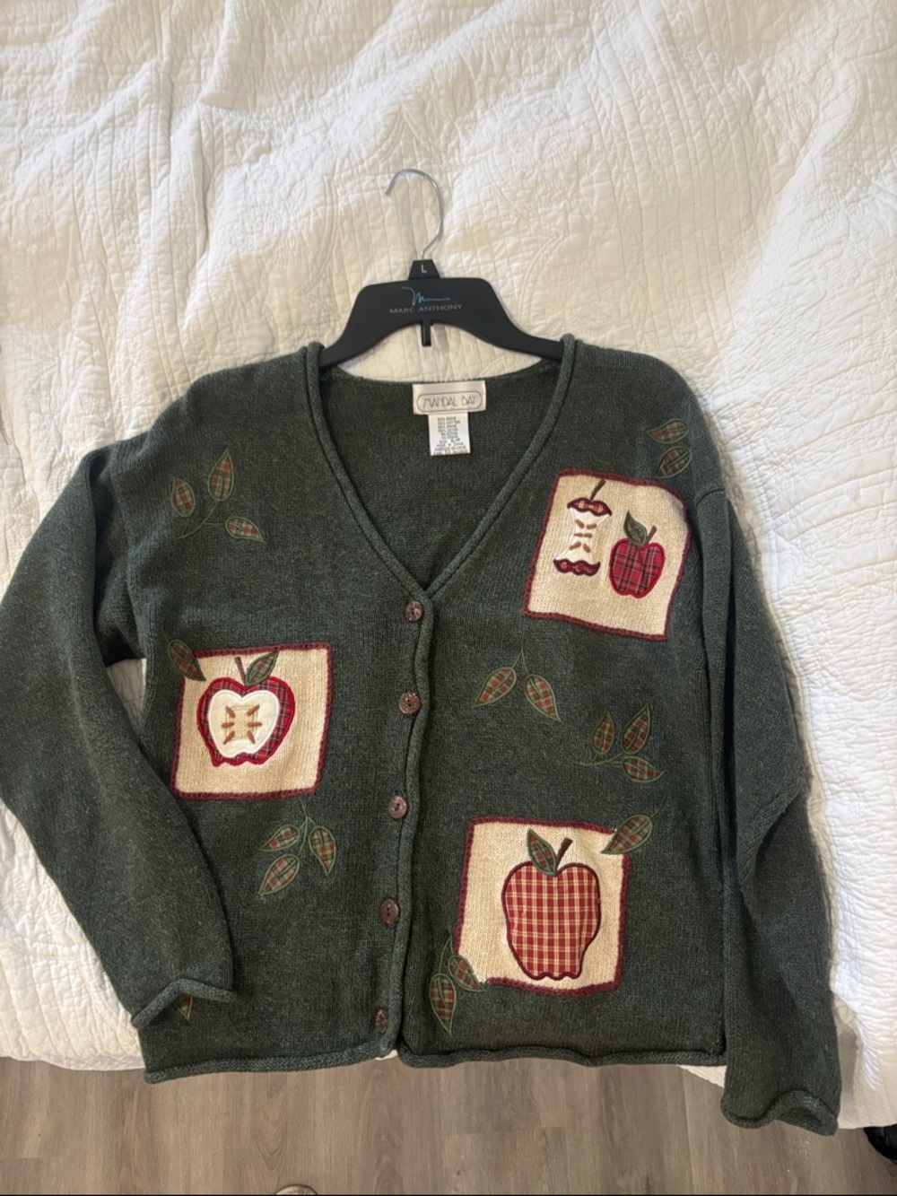 Dark Green Apple Patchwork V-Neck Cardigan Sweater